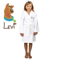 Brown Dog Cartoon Design & Custom Name Embroidery on Kids Hooded Bathrobe